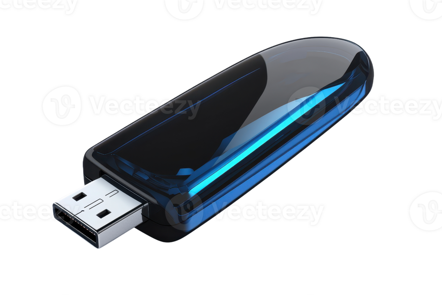 Sleek black USB flash drive with blue accent, isolated on transparent background. Ideal for data storage, portability, and technology concepts. png