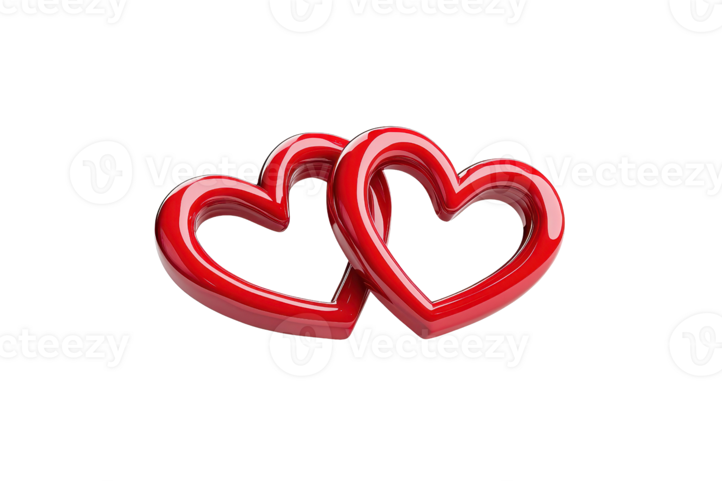 Two interlocked red hearts symbolizing love and connection on a transparent background. perfect for romantic themes and Valentine's Day designs. png