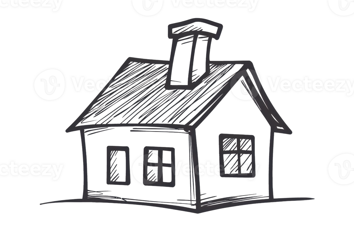 Simple hand-drawn sketch of a cozy house with a chimney and windows, emphasizing classic architectural simplicity and charm in black and white. png