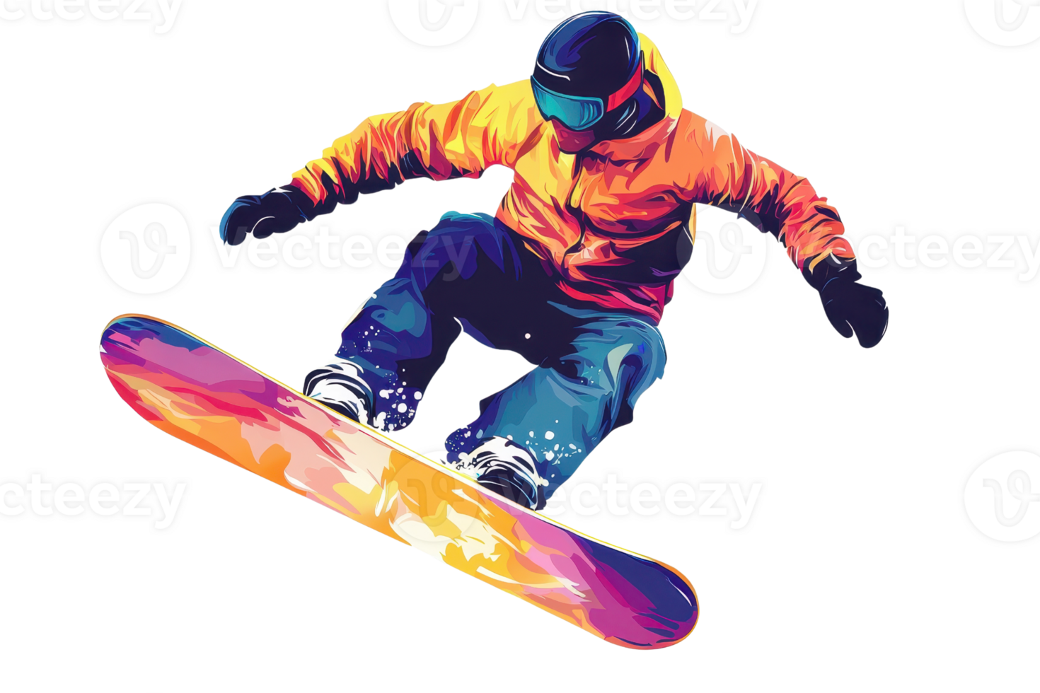 Vibrant illustration of a snowboarder performing an aerial trick against a transparent background, showcasing extreme sports and winter adventure. png
