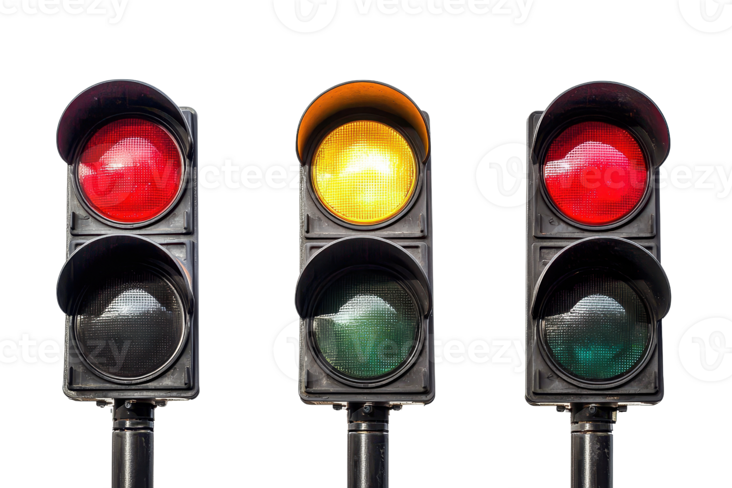 Three traffic lights with red, yellow, and green signals, isolated on a transparent background, symbolizing stop, warning, and go signals. png