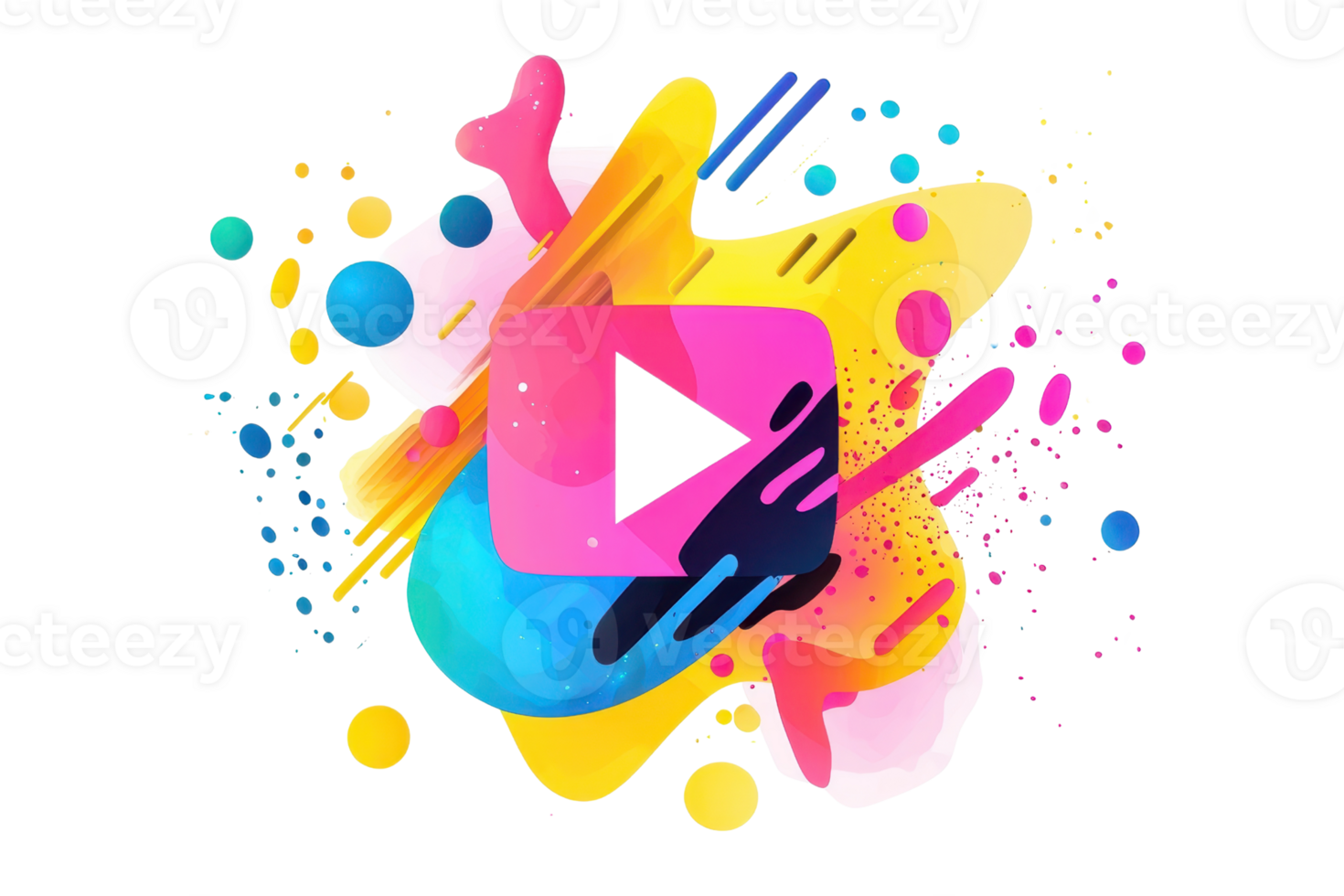 Vibrant abstract art with colorful splash patterns surrounding a central play icon, representing creativity and media innovation. png
