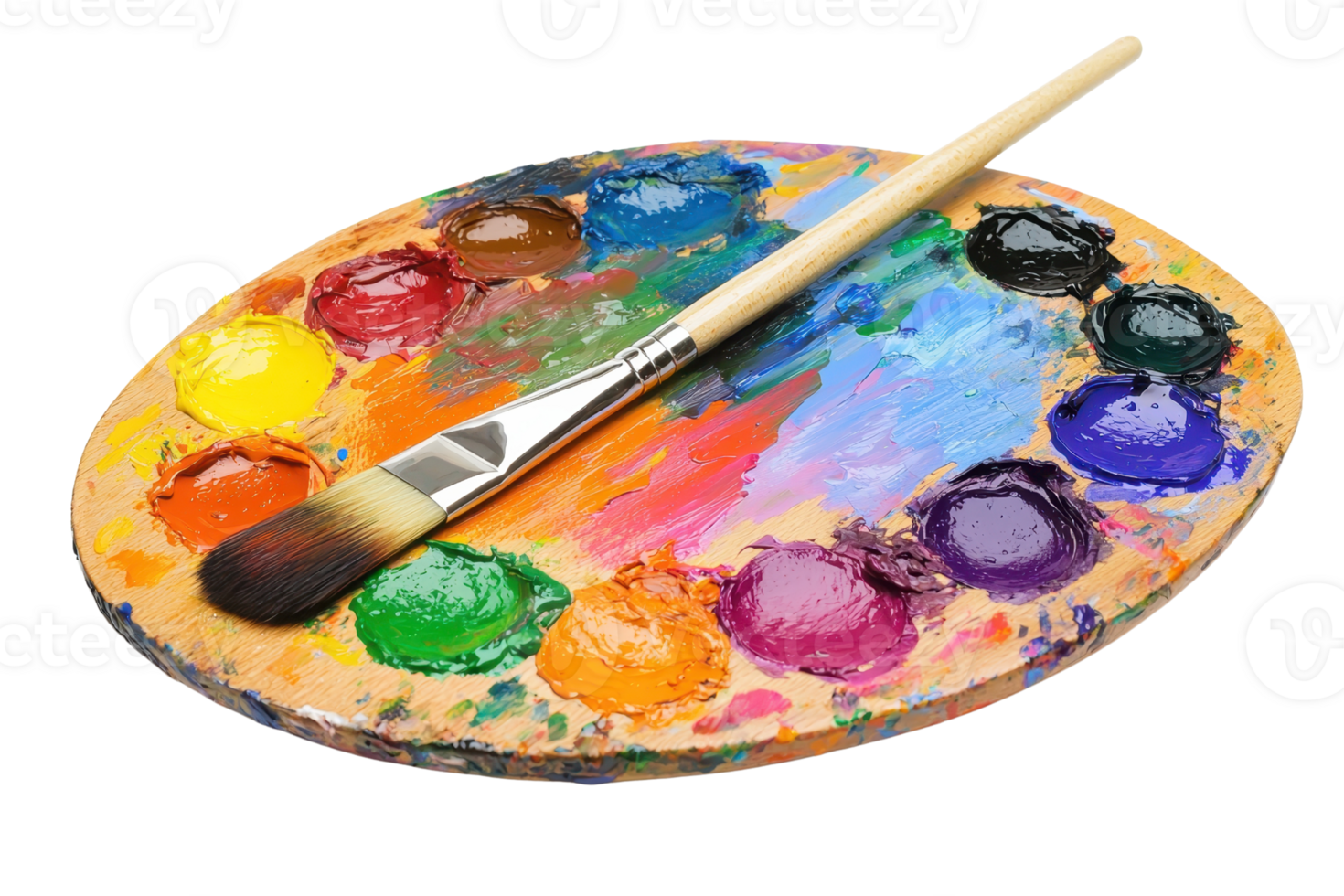 Vibrant artist's palette with various colorful paint blobs and a brush, perfect for creative projects, art class, or studio inspiration. png