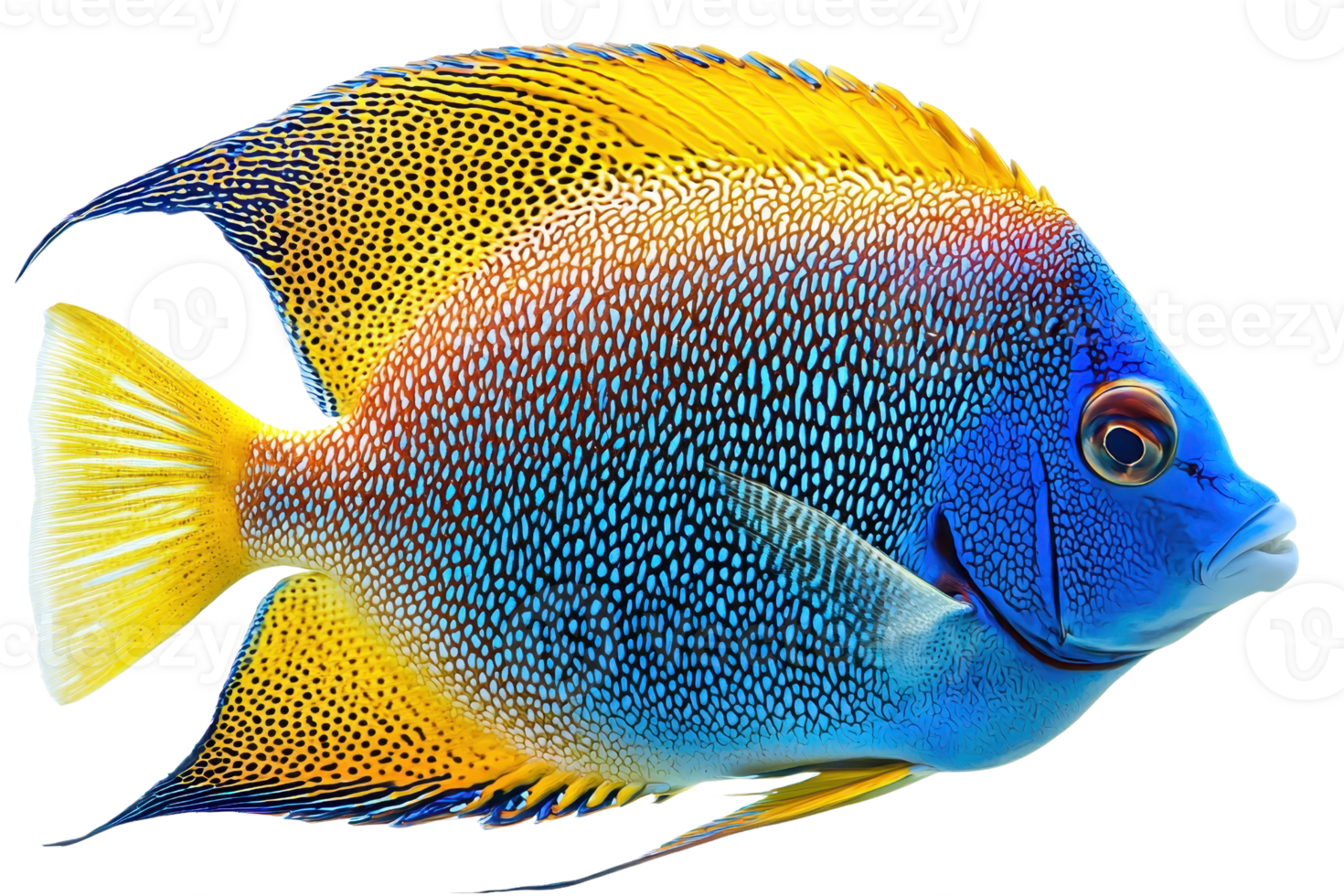 Vibrant angelfish with striking blue and yellow colors, swimming gracefully in a clear aquarium, showcasing mesmerizing patterns and hues. png