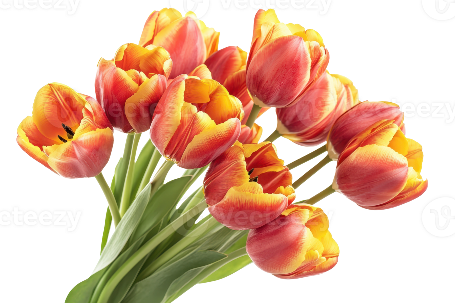 Vibrant bouquet of red and yellow tulips isolated on transparent background. Perfect for spring decoration, gardening, and floral-themed design. png
