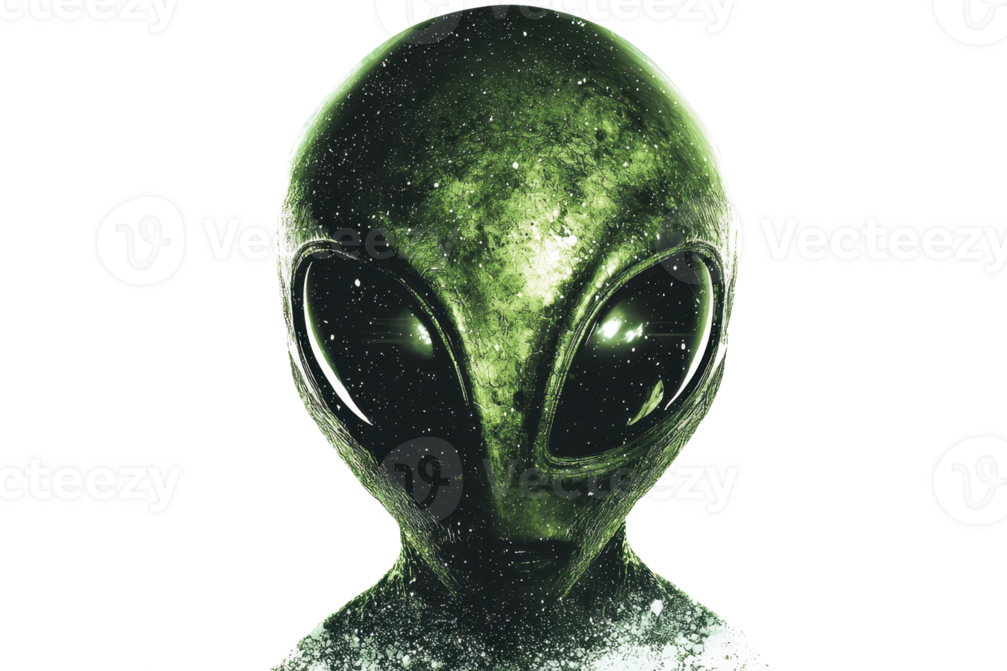 Mysterious green alien with big eyes surrounded by cosmic dust, representing extraterrestrial life in outer space. png