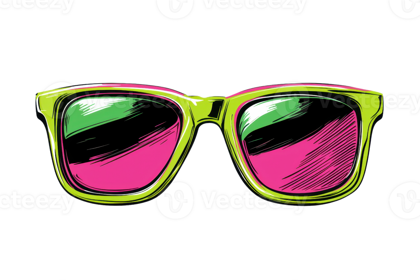 Vibrant neon sunglasses illustration with bold green frames and pink lenses, perfect for retro summer fashion and creative design projects. png