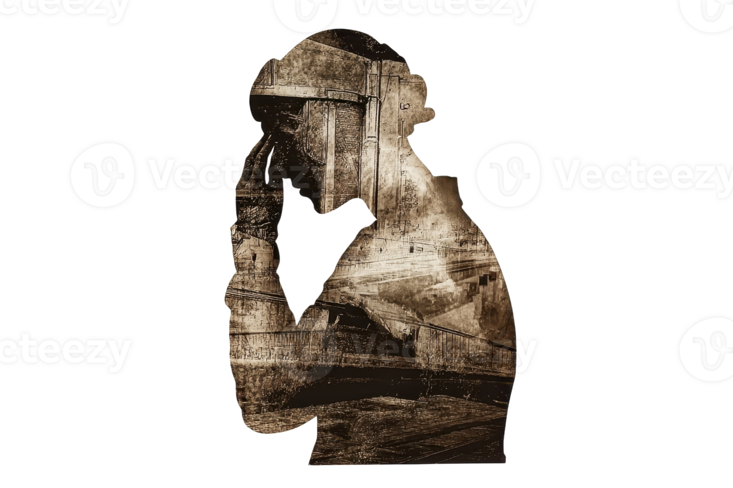 Silhouette of a person in deep thought, layered with distressed textures, conveying contemplation and introspection in a creative artwork. png