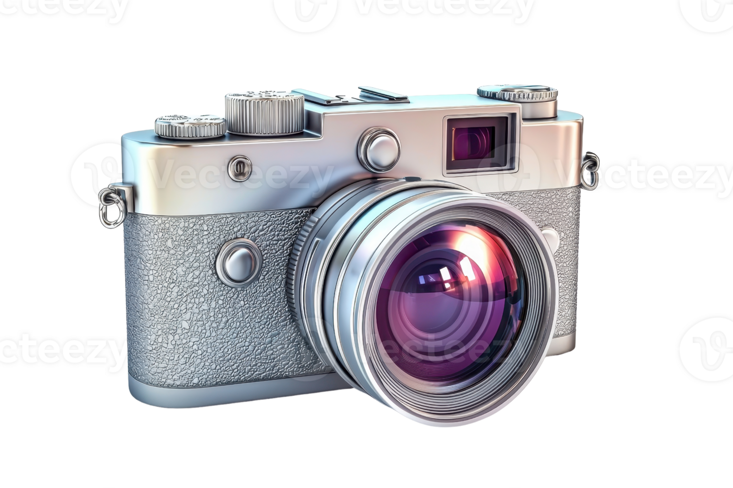 Vintage camera with a silver body and classic lens, capturing the essence of photography and timeless design in a studio setting. png
