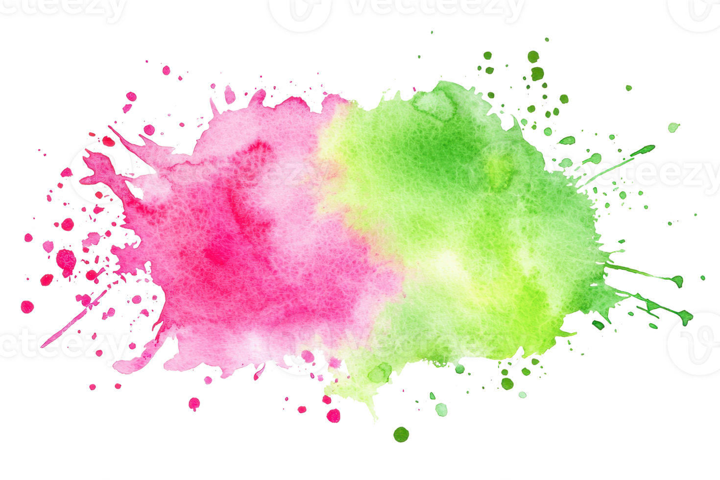 Vibrant watercolor splashes of pink and green merge creatively, showcasing lively abstract art perfect for artistic and design projects. png