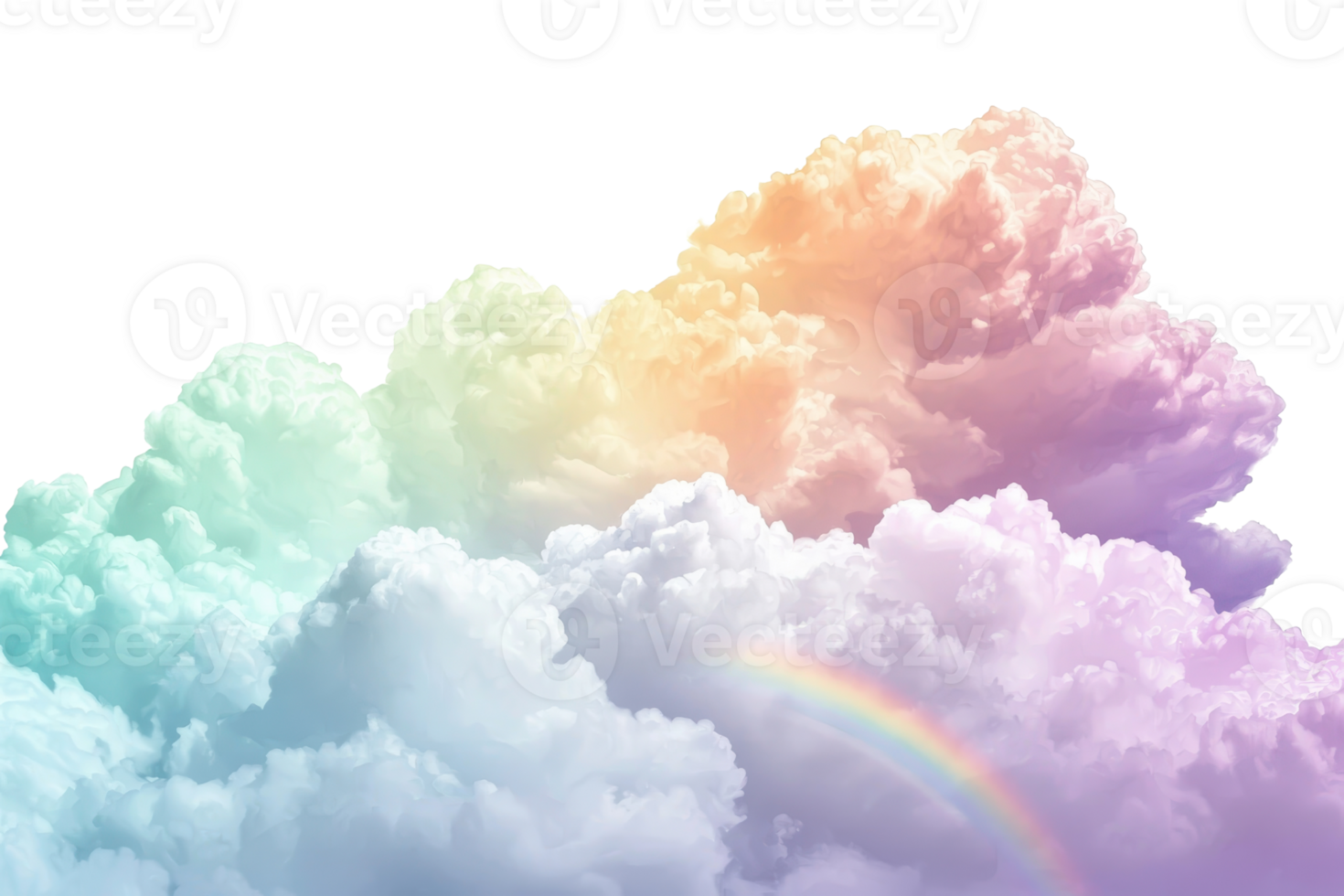 Vibrant, fluffy clouds with a pastel rainbow arching through, creating a serene and dreamy sky scene, perfect for whimsical design projects. png