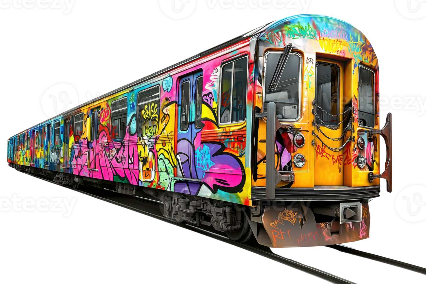 Vibrantly painted train in urban setting, covered in colorful graffiti art. Captures street culture and creative expression on transportation. png