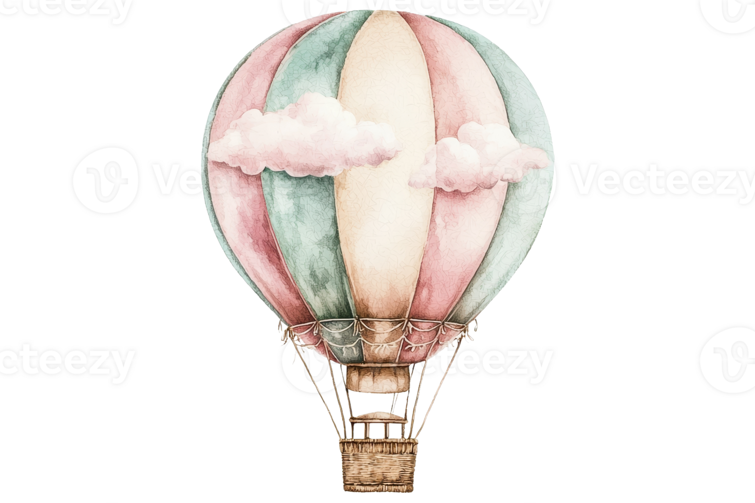 Whimsical watercolor hot air balloon with pastel colors and soft clouds, evoking a sense of adventure and tranquility in a dreamy sky. png