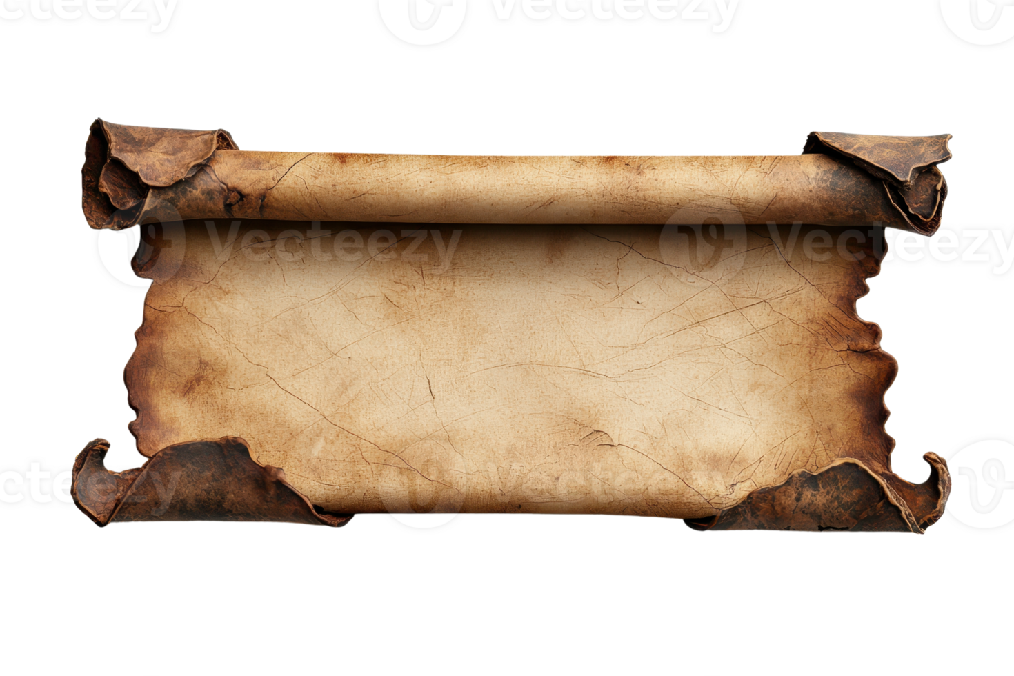 Vintage parchment scroll with aged texture, suitable for historical themes or creative design projects. Blank space for text or artwork. png