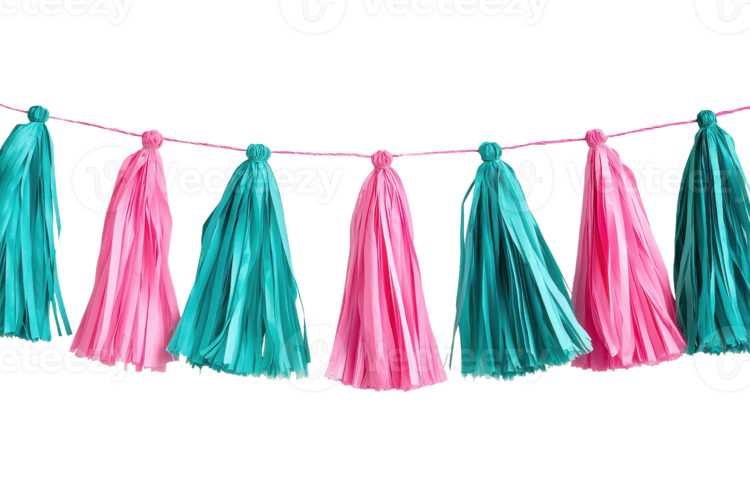 Vibrant pink and teal paper tassel garland hanging against a plain background, perfect for celebrations, parties, and festive decorations. png