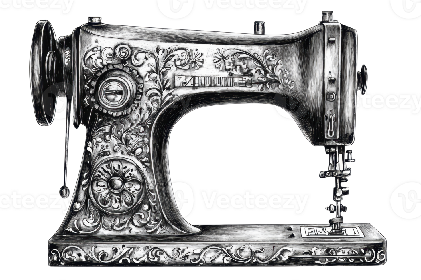 Vintage sewing machine illustration showcasing intricate details and craftsmanship, perfect for design and historical themes. png