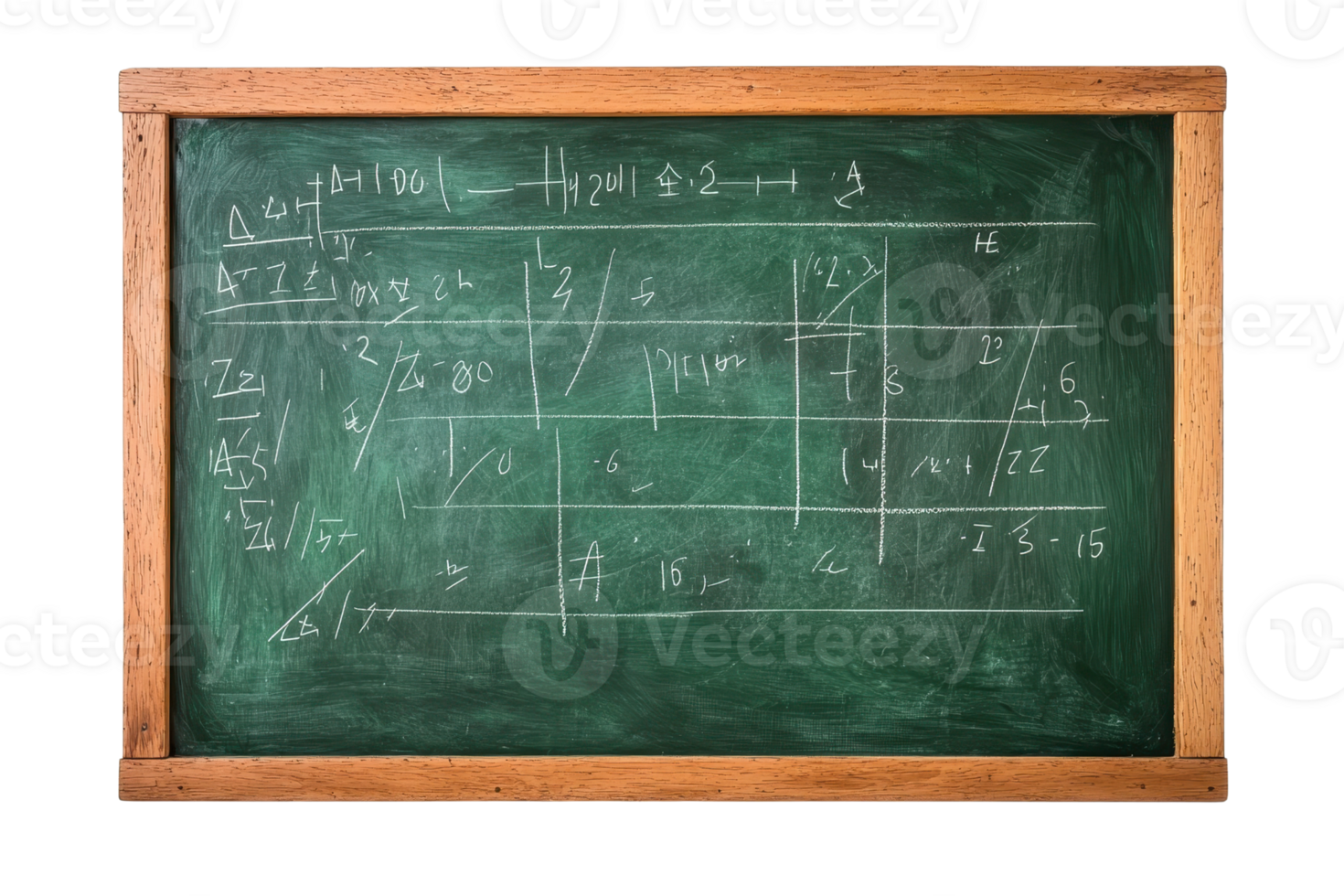 Vintage chalkboard filled with complex mathematical equations and formulas, representing education, learning, and problem-solving in academics. png
