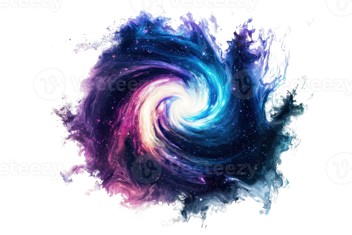 Vivid spiral galaxy with cosmic colors swirling in space, featuring bright stars and deep contrasts, creating a mesmerizing celestial scene. png