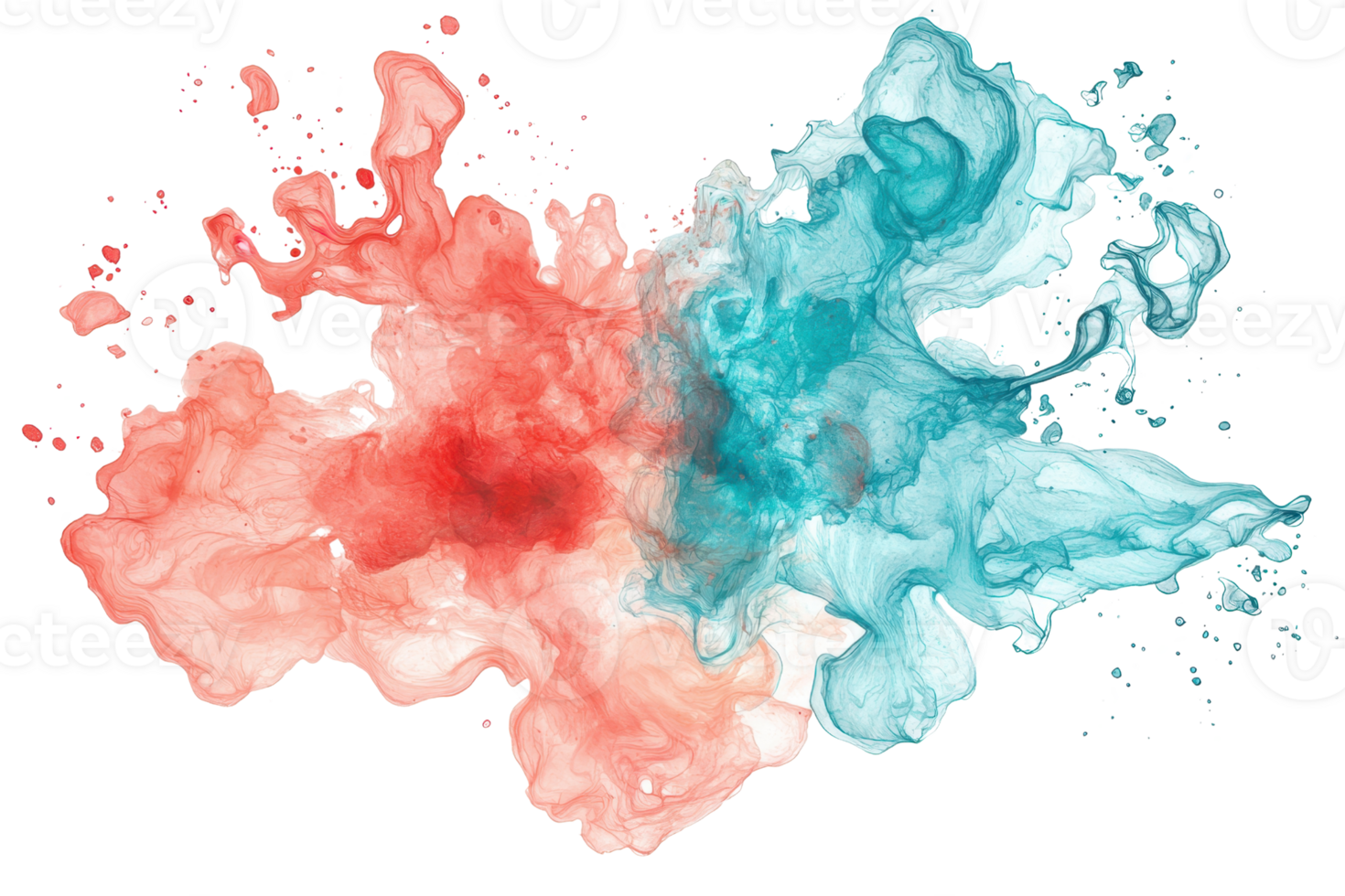 Vibrant red and blue ink clouds swirling together in water, creating an abstract artistic design with dynamic movement and stunning contrast. png