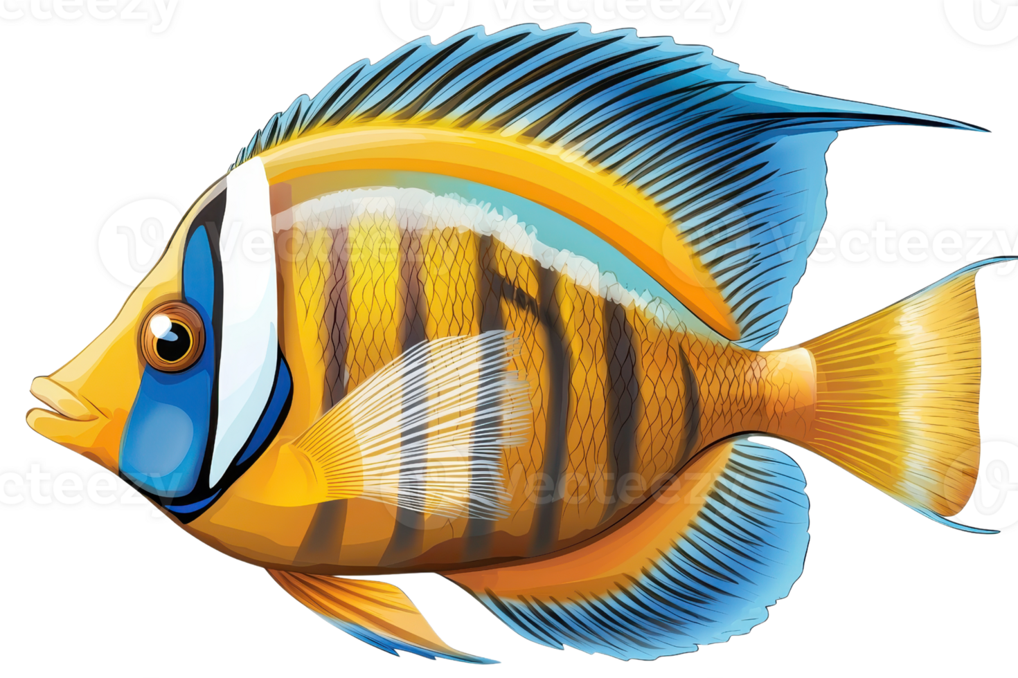 Vibrant tropical angelfish illustration with striking blue, orange, and yellow colors, showcasing intricate patterns and marine beauty. png