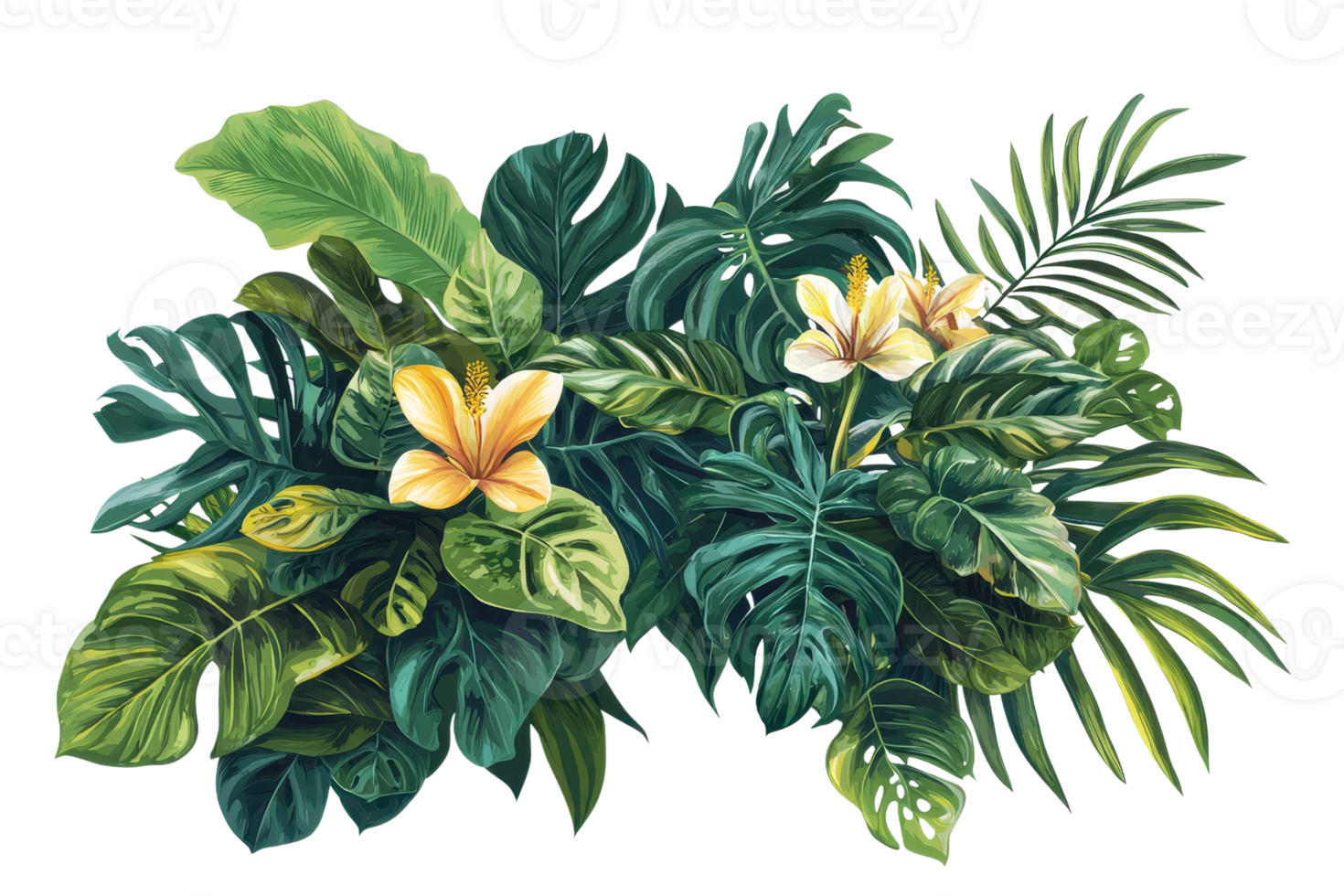 Vibrant tropical foliage with lush green leaves and bright yellow flowers, creating an exotic, natural, and refreshing scene ideal for backgrounds. png