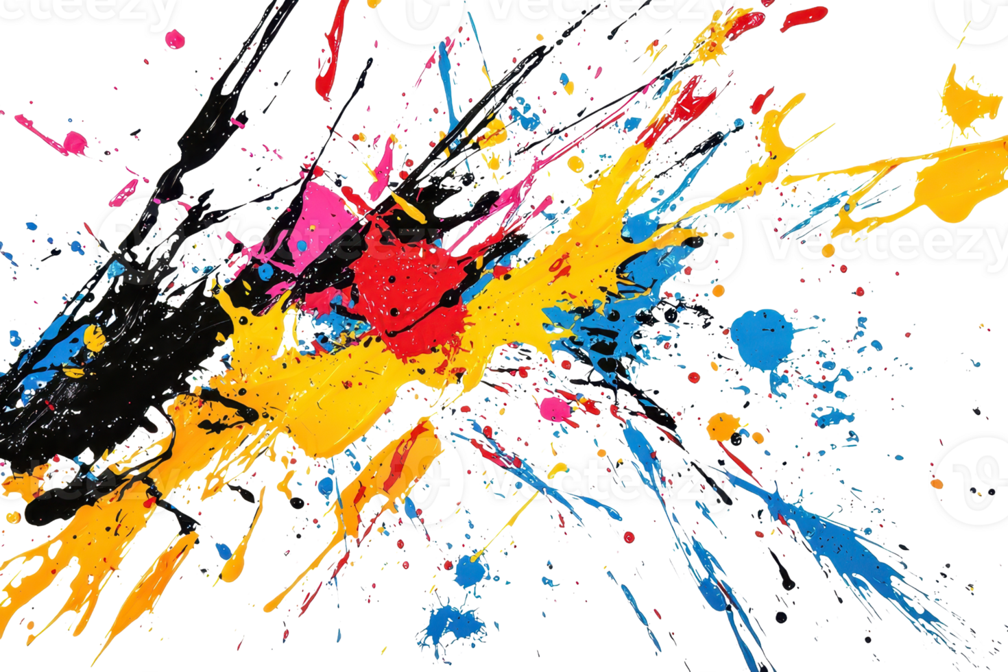 Vibrant splash of colorful paint on transparent background. showcasing dynamic energy and creativity with bold yellow, blue, pink, and black hues. png