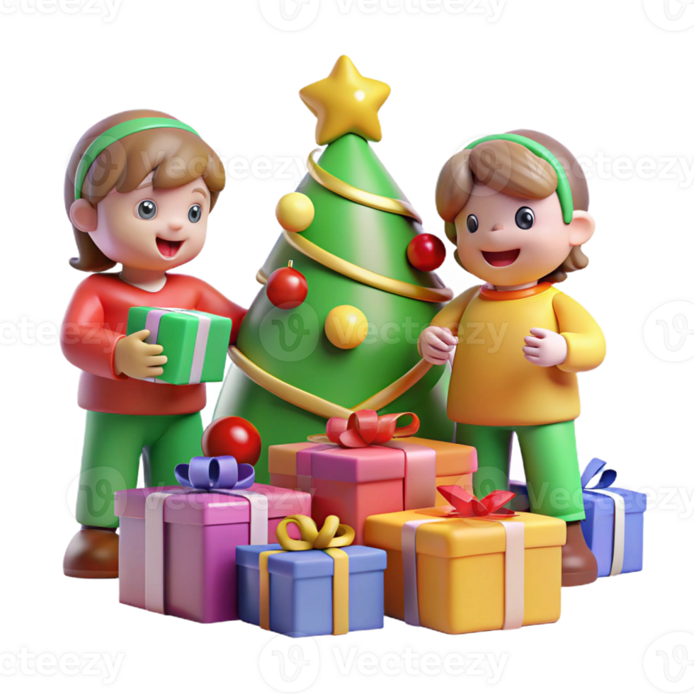 kids around a decorated Christmas tree png