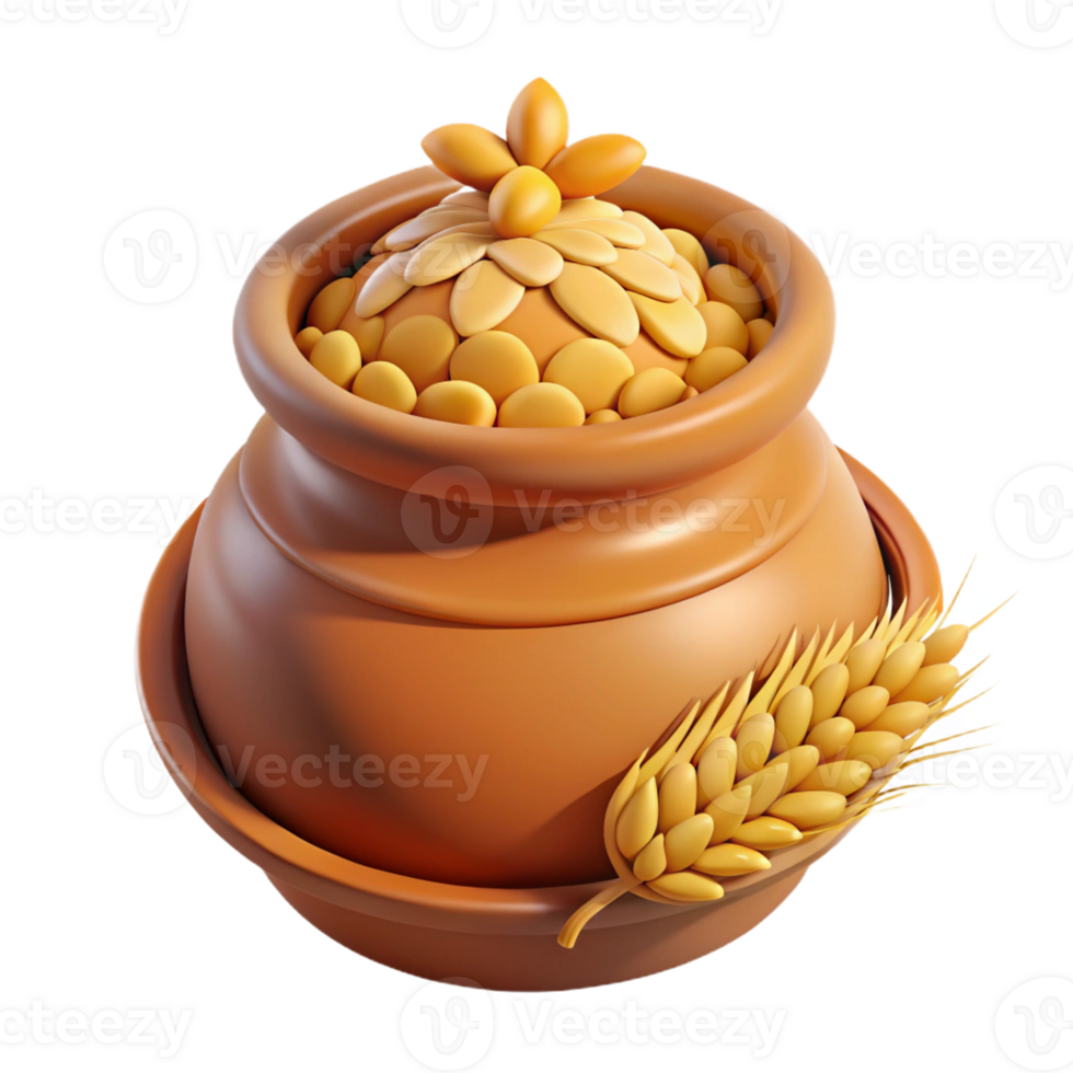 traditional clay pot with golden grains png