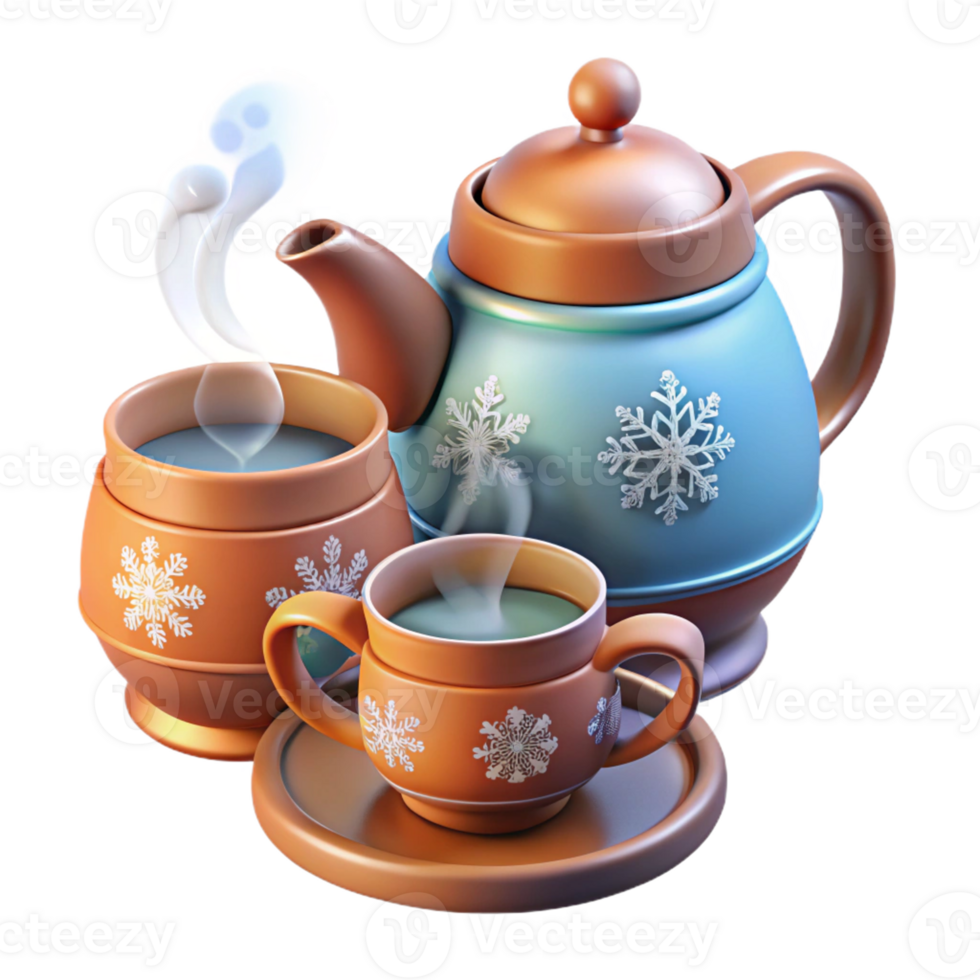 warm teapot and cups with snowflake patterns png