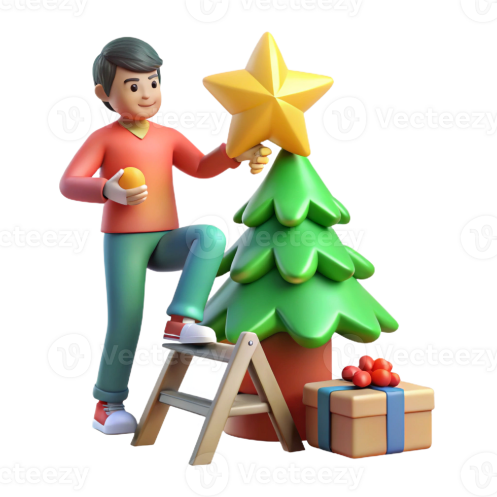 Man Decorating Christmas Tree with Star png