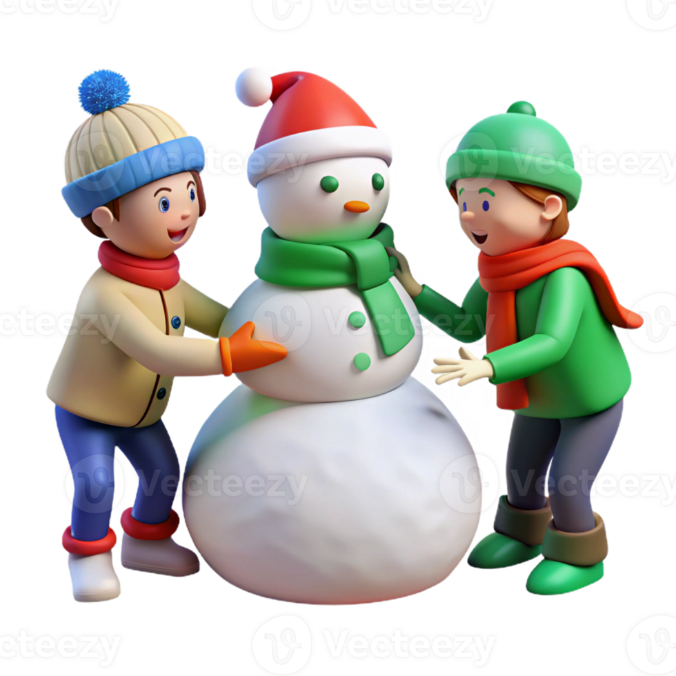 group of friends enjoying winter snowman building png