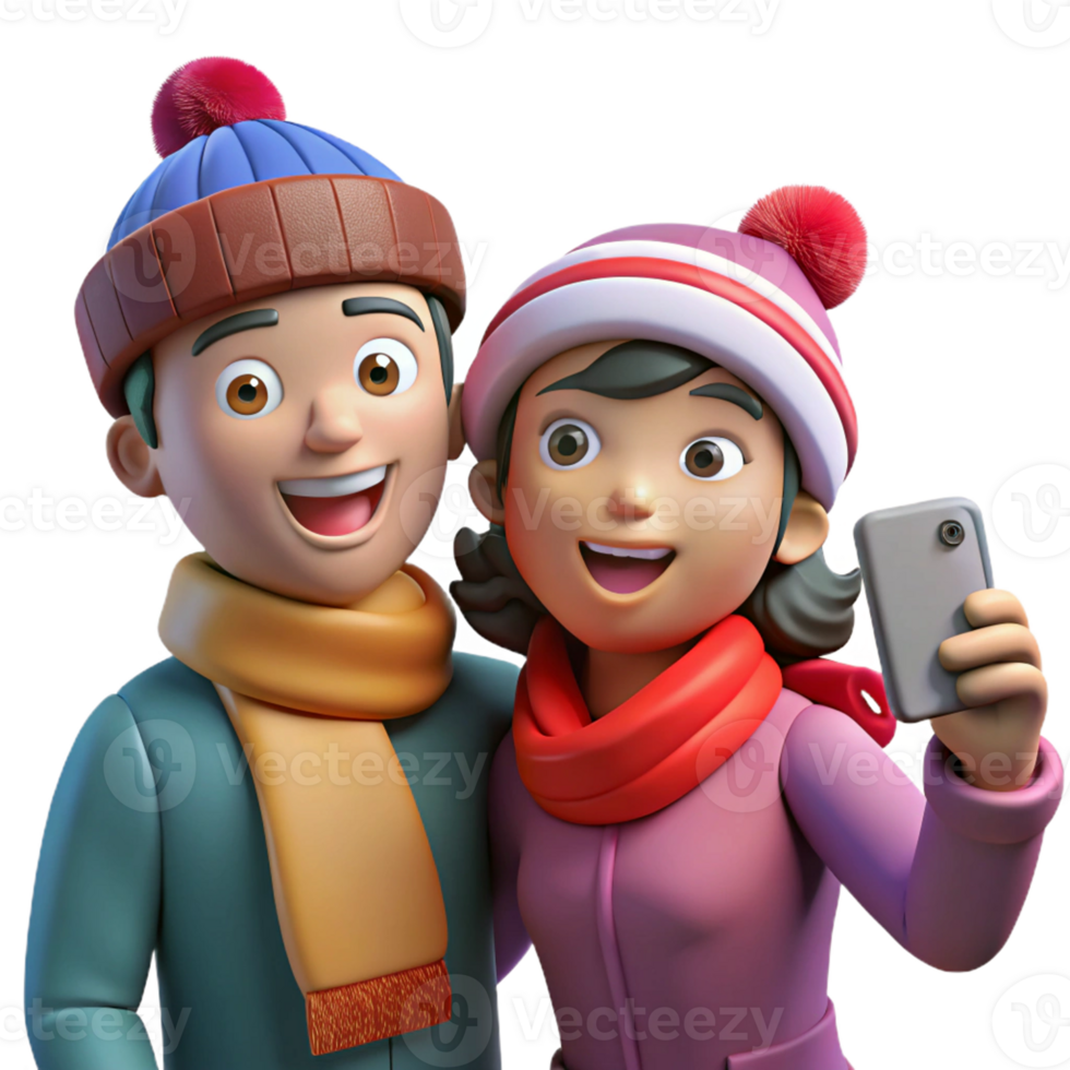 happy couple taking a selfie in winter attire png