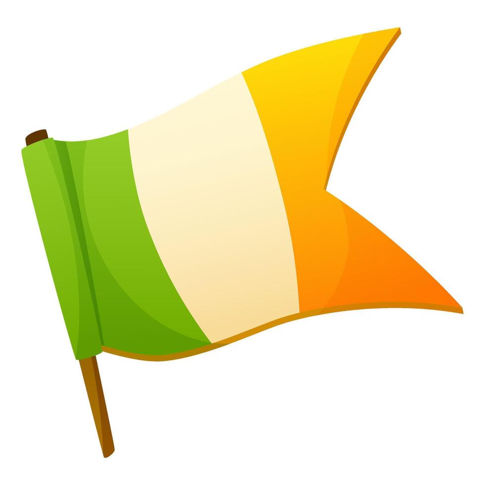 Waving flag of Ireland, on a white background. Flag tricolor, green, white, orange. Flag on a flagpole. Attribute of the country, for design of postcards, booklets for Irish holidays, St Patricks Day. vector