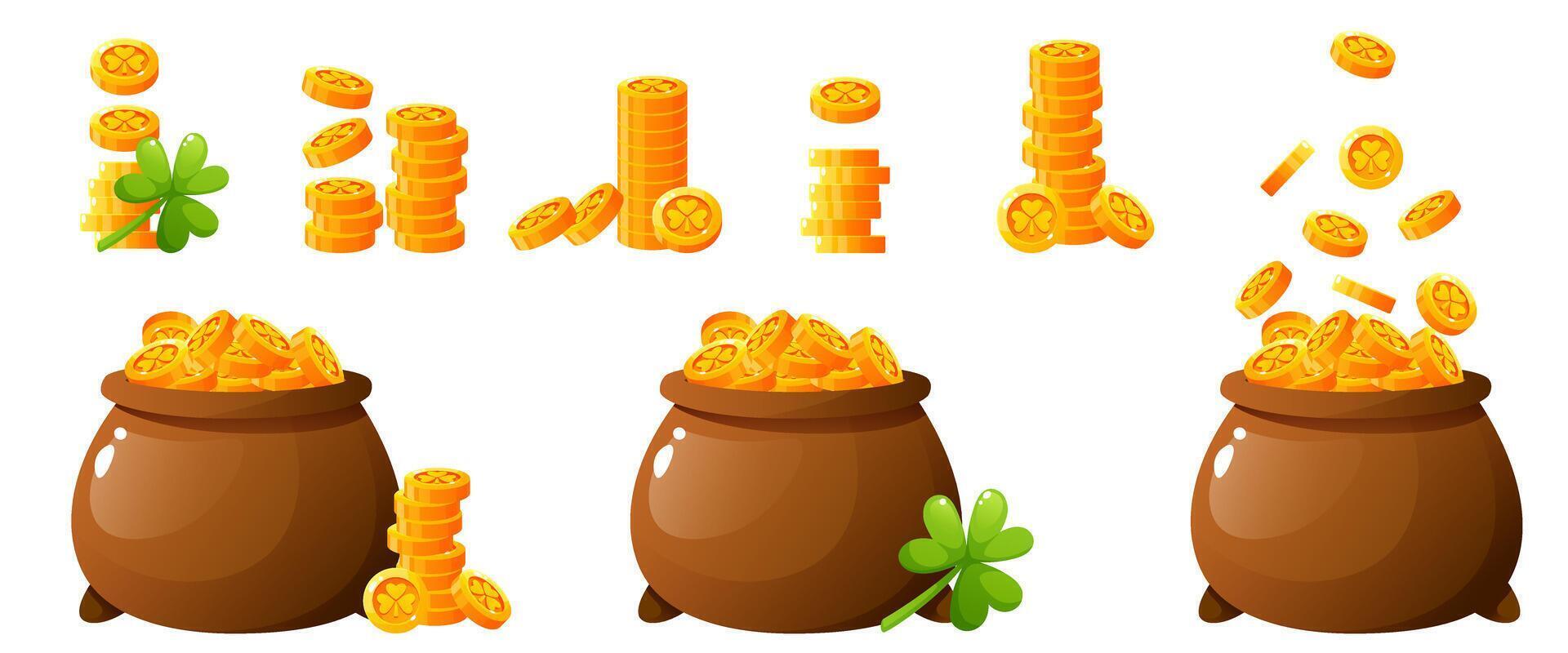 Set of different pots of gold, cauldron with coins with the image of a shamrock. Thematic element of the design of the celebration of St. Patrick's Day. Clover, stack of coins, tower of gold money. vector