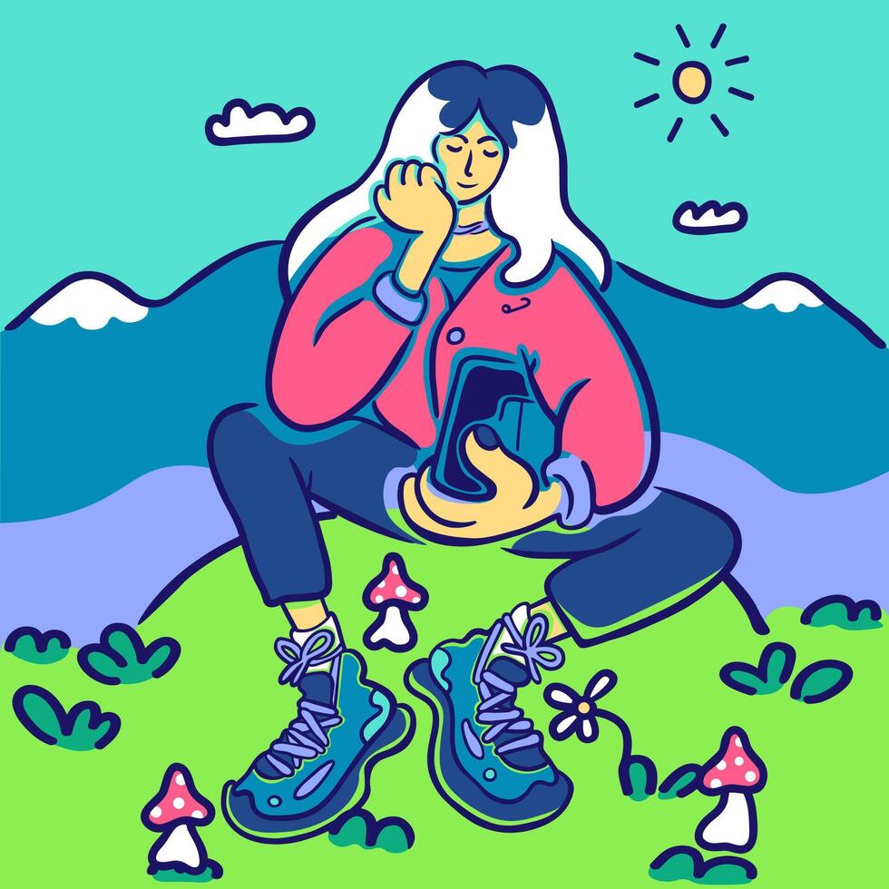 character sit in doodle style with mountain background in color vector