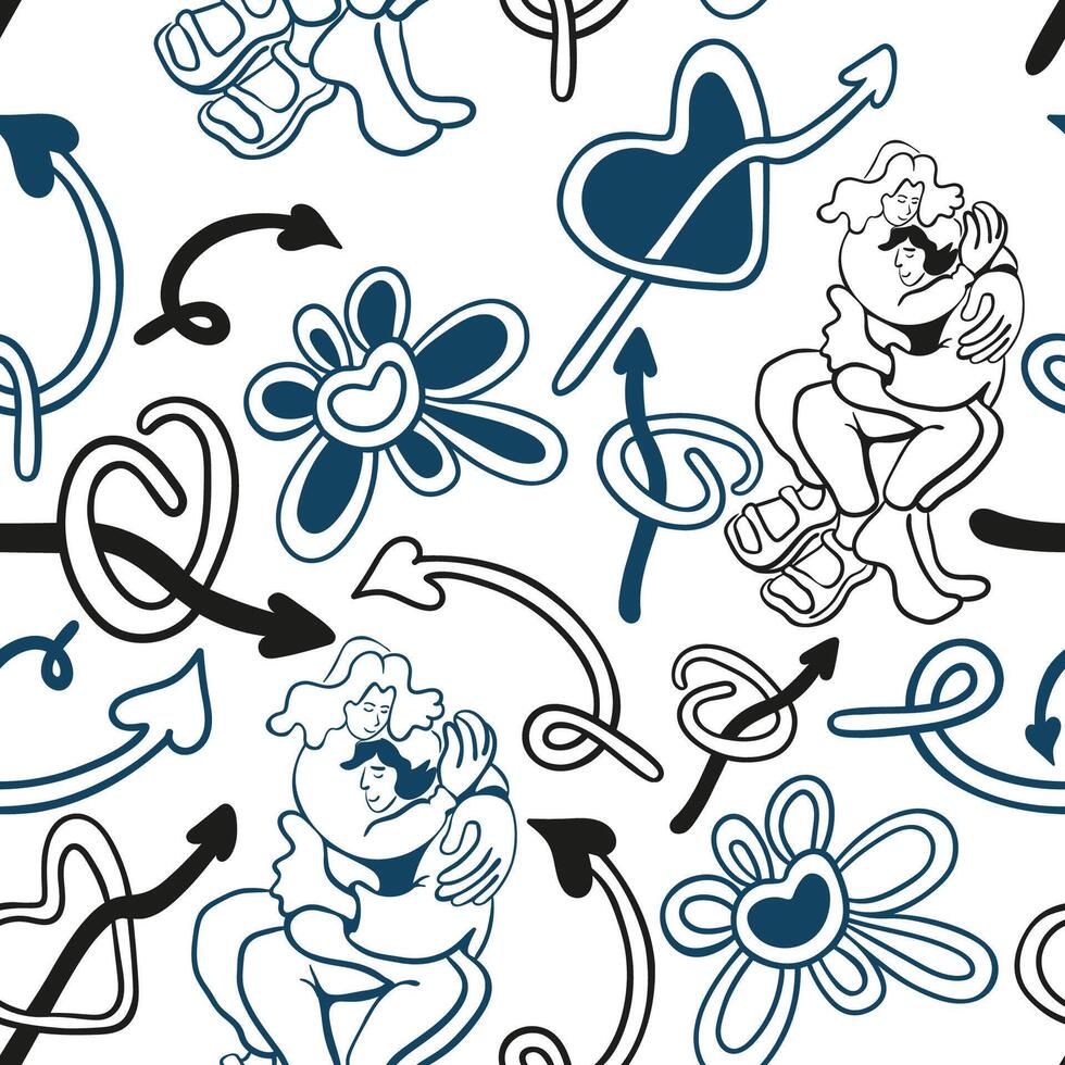 seamless pattern with couple and hearts in doodle style vector