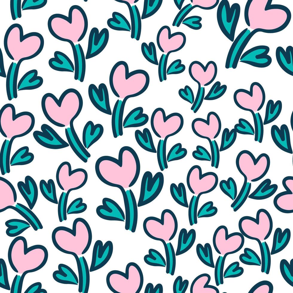seamless pattern with flower as a heart in doodle style vector