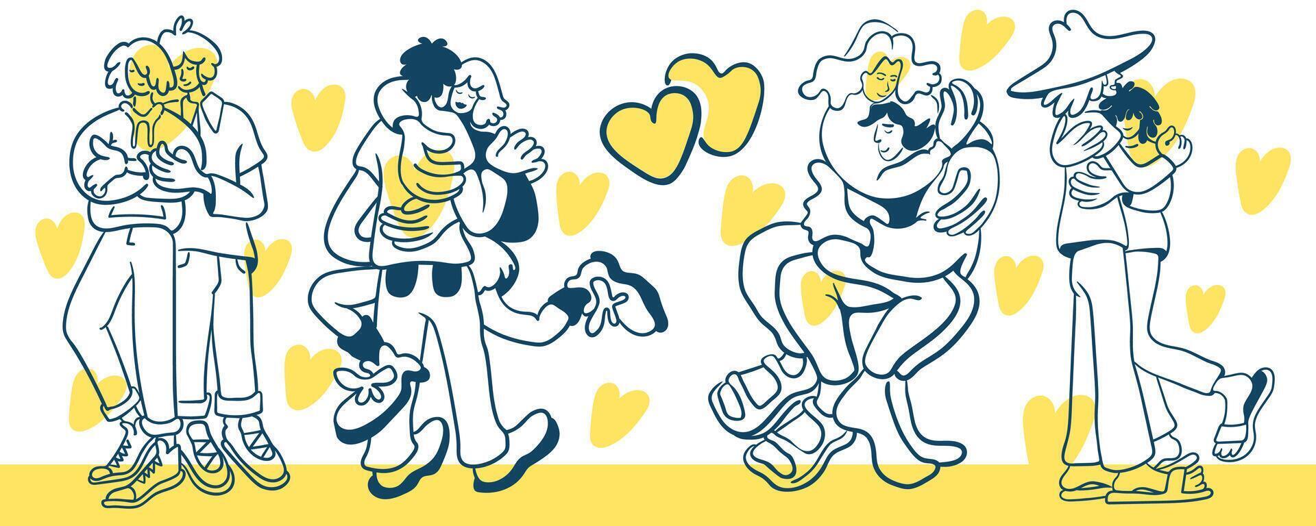 set of full body couples in doodle style vector