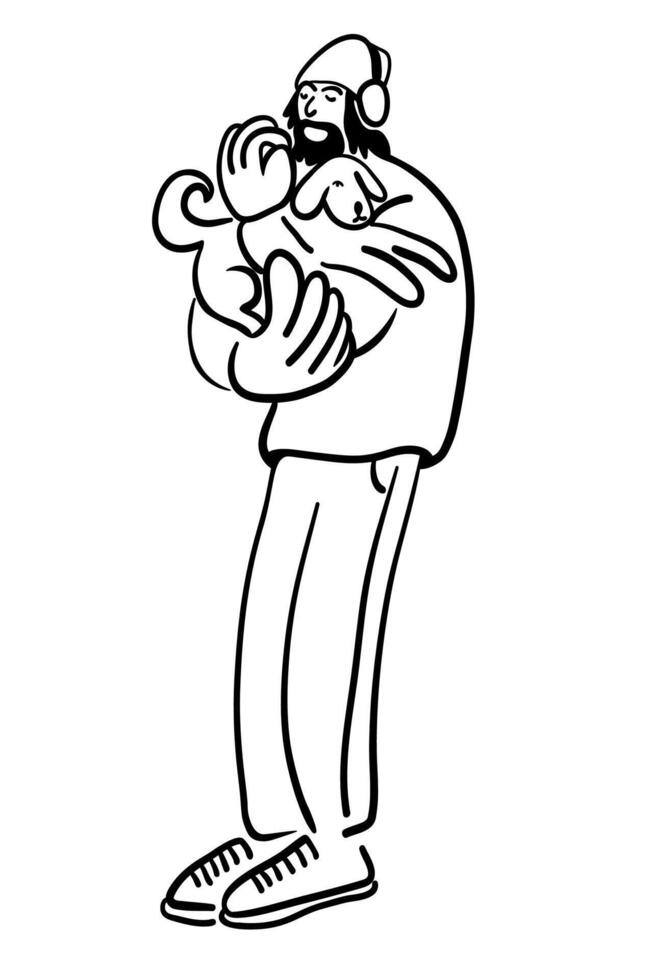 male with dog in doodle style vector