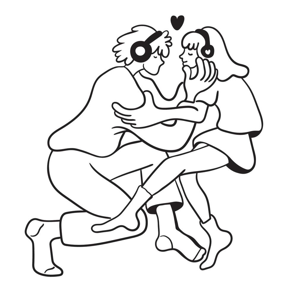 couple hugs and listen to music in doodle style vector