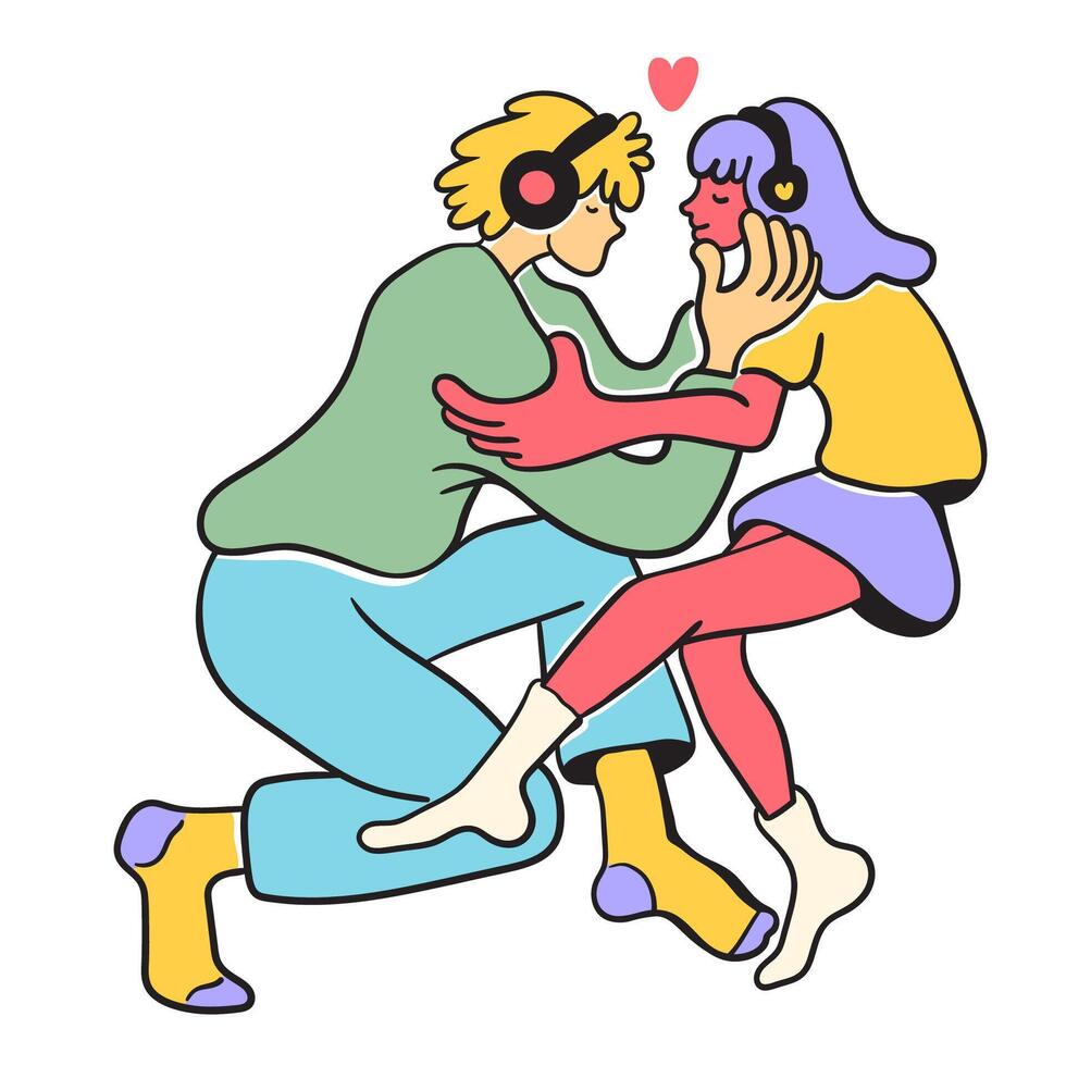 romantic couple listening music in hand drawn style in color vector