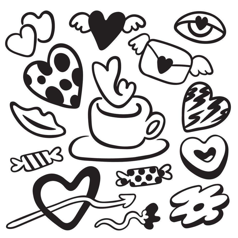 small doodle elements set with cup of hot drink vector