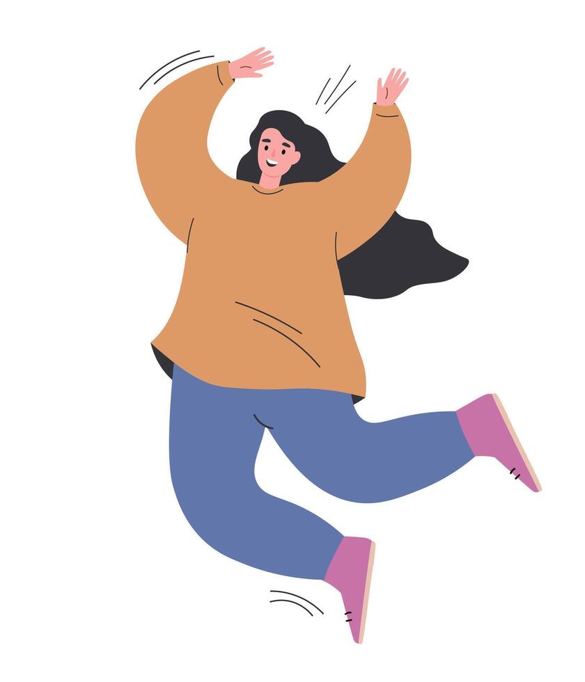 A young woman with long dark hair is jumping, having fun, rejoicing. Modern girl dancing. flat graphics. vector