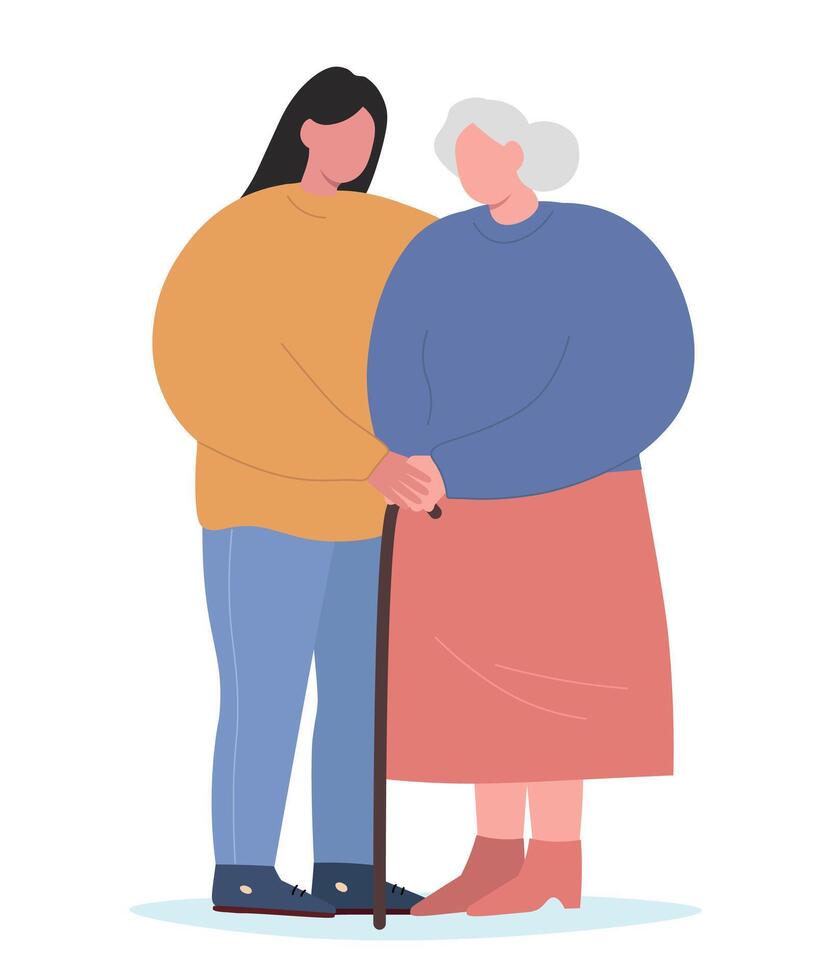 Elderly woman and assistant in full view. Caring for an old woman, supporting a pensioner. flat graphics. vector