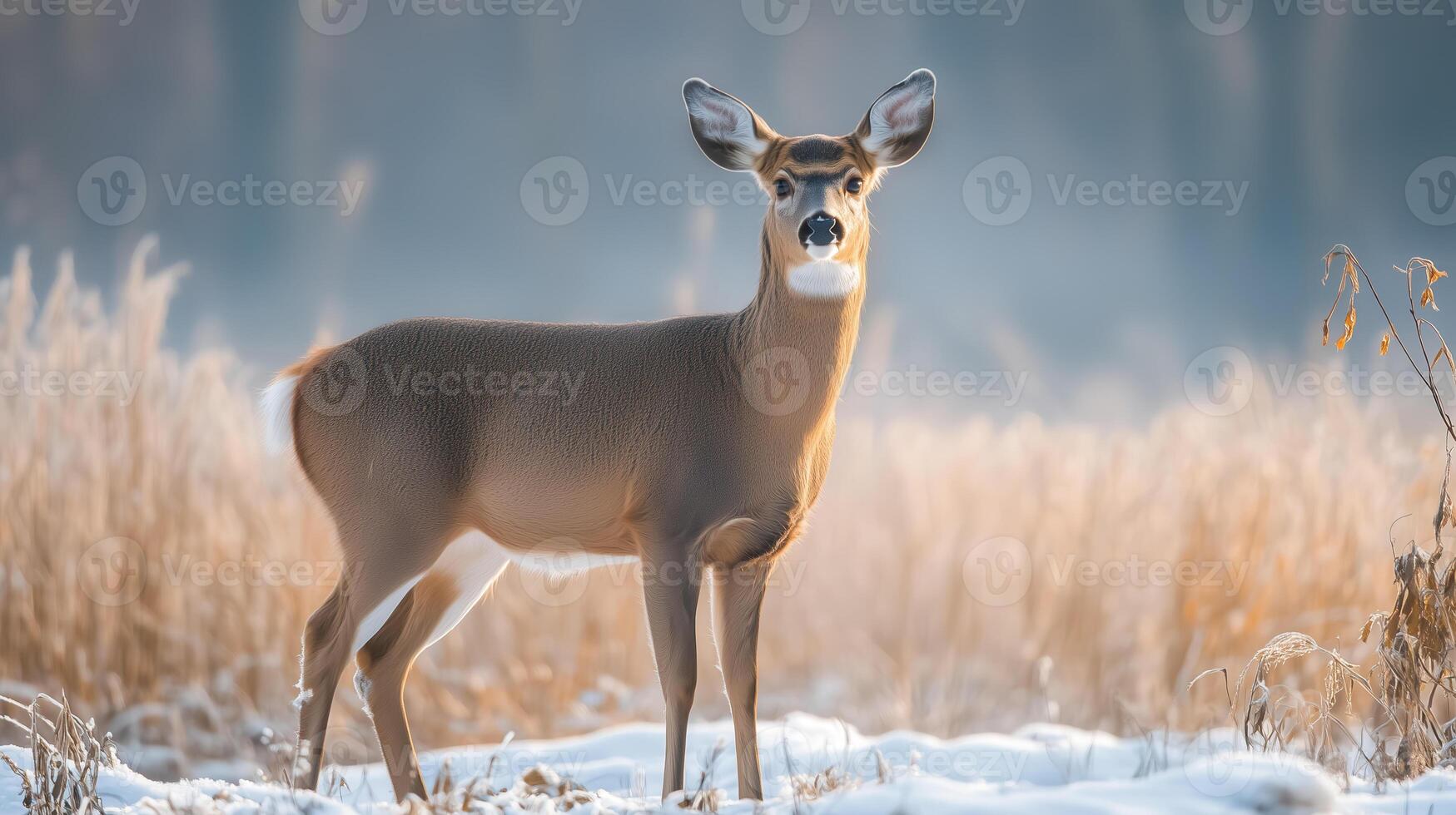 A deer stands in the snow in front of a field photo