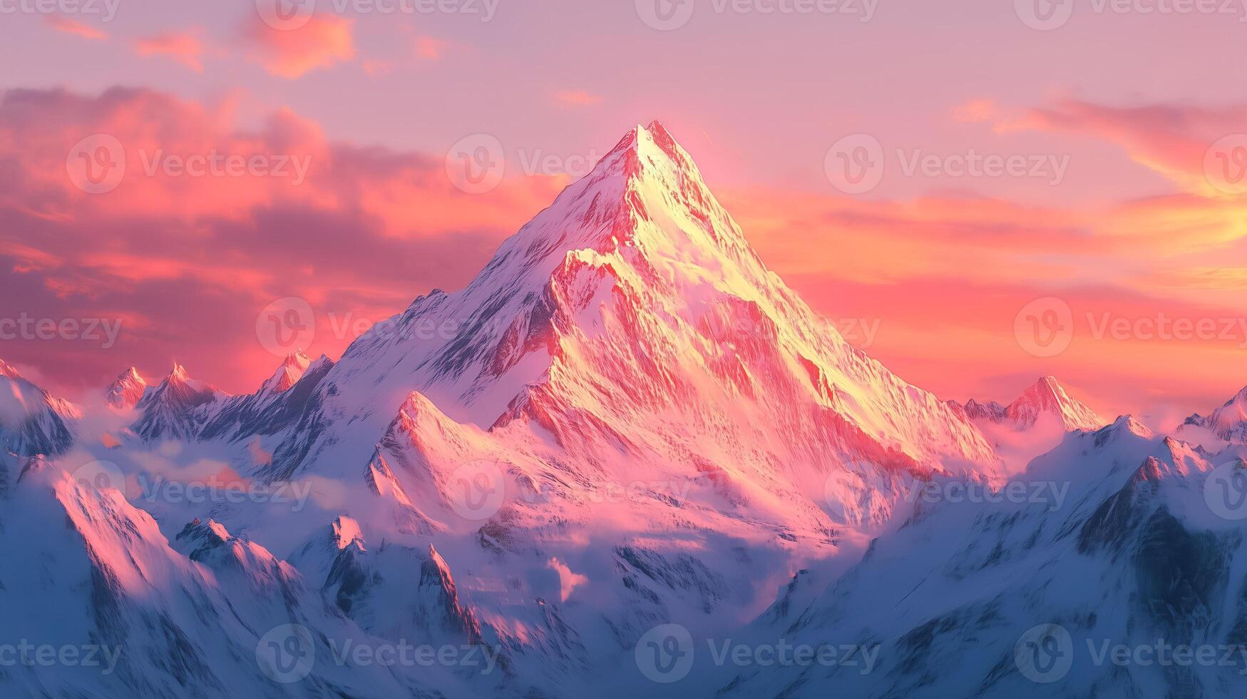 A mountain with snow covered peaks at sunset photo