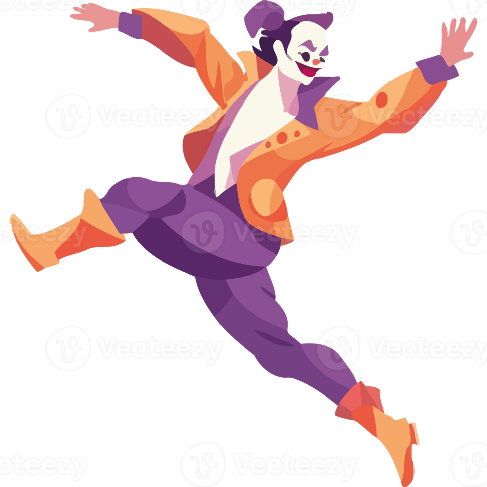 Jumping clown in purple suit celebrating isolated png