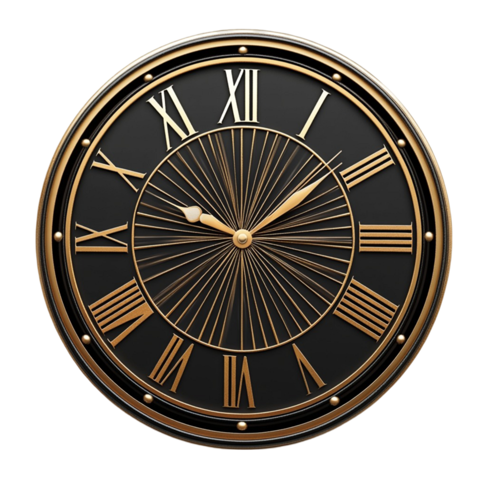 Black and Gold Roman Numeral Clock with Elegant Design png