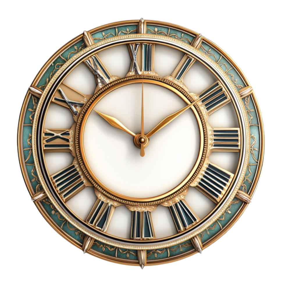 Classic Roman Numeral Clock with Elegant Gold and White Design png