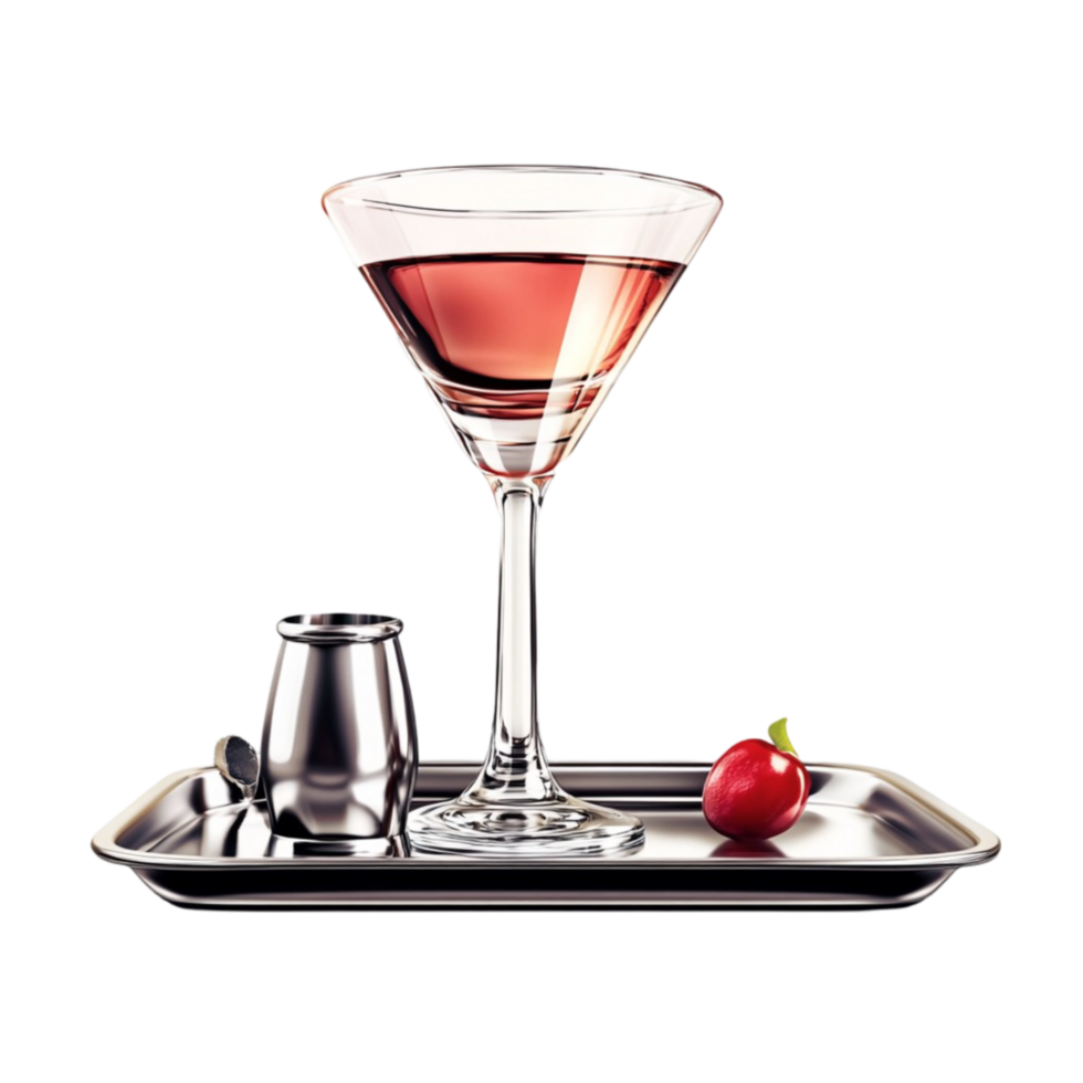 Cocktail Glass with Mint and Cherry Garnish on Serving Tray png